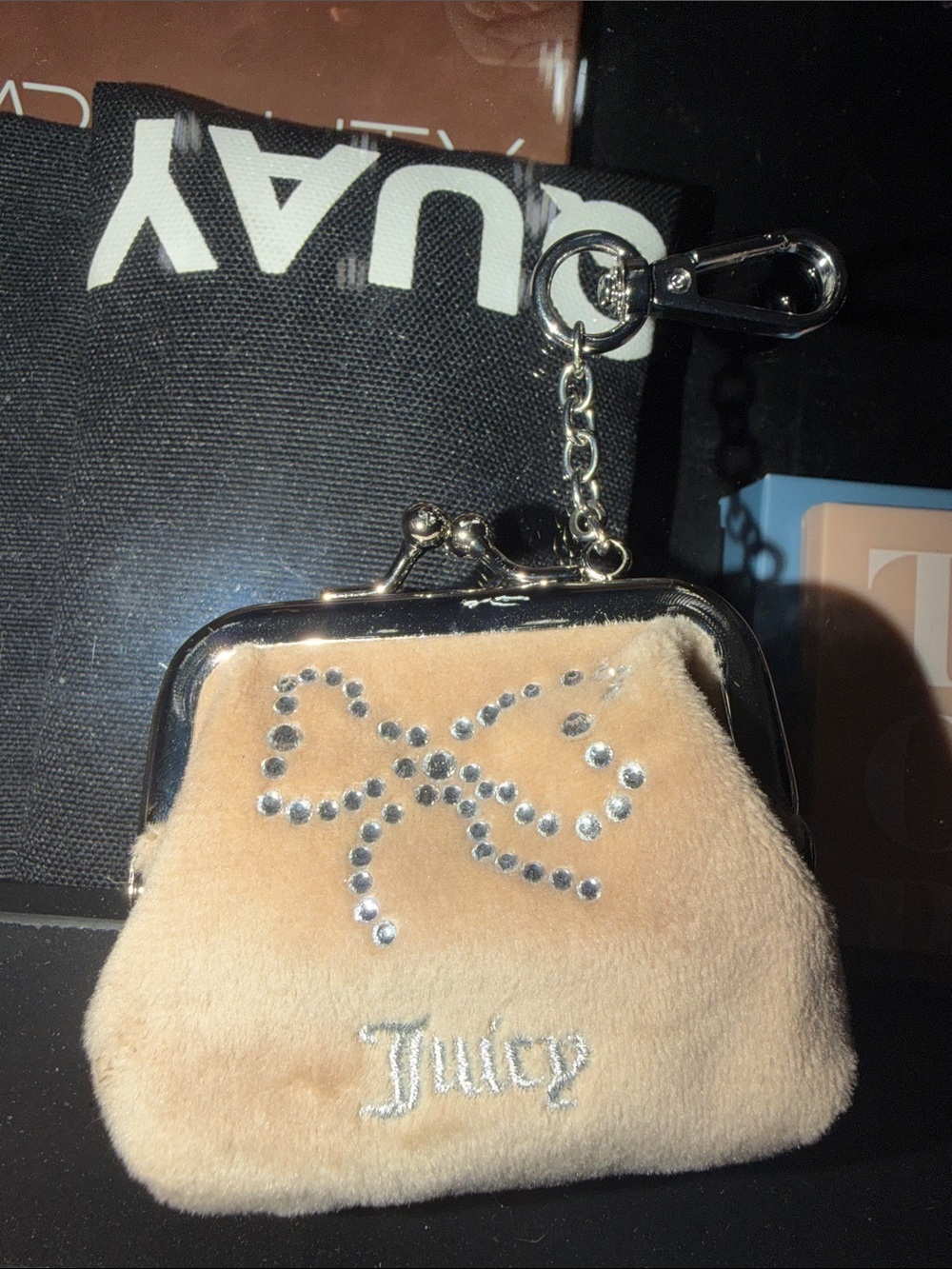 Juicy Couture Beige Velvet Coin Purse with Rhinestone Bow